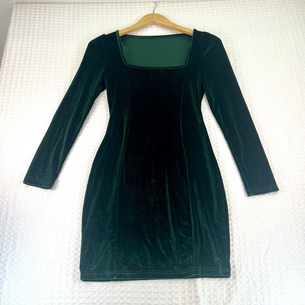 Green Velvet Mini Dress Women Size 2 Square Neck Long Sleeve Stretch